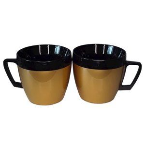 Vintage West Bend Thermo-Serv Gold Black Insulated Mugs Two MCM Coffee Cups